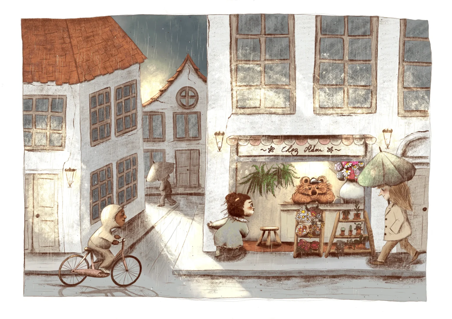 Illustration d'une ville avec un ours et une petite fille dans un magasin de fleurs